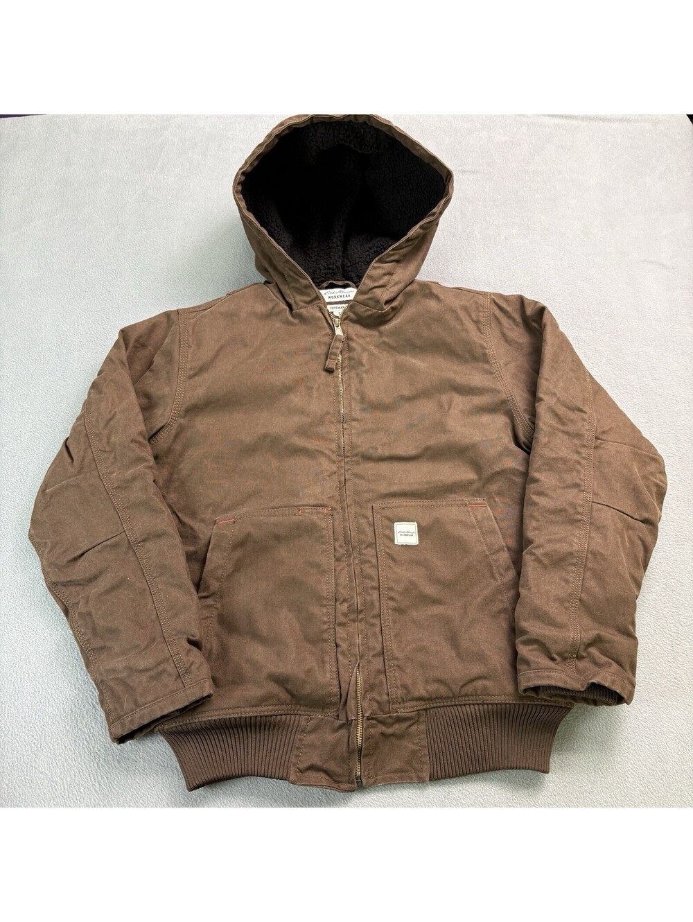 Eddie Bauer Workwear Foreman Fit Sherpa Lined Canvas Hooded Jacket Small Brown